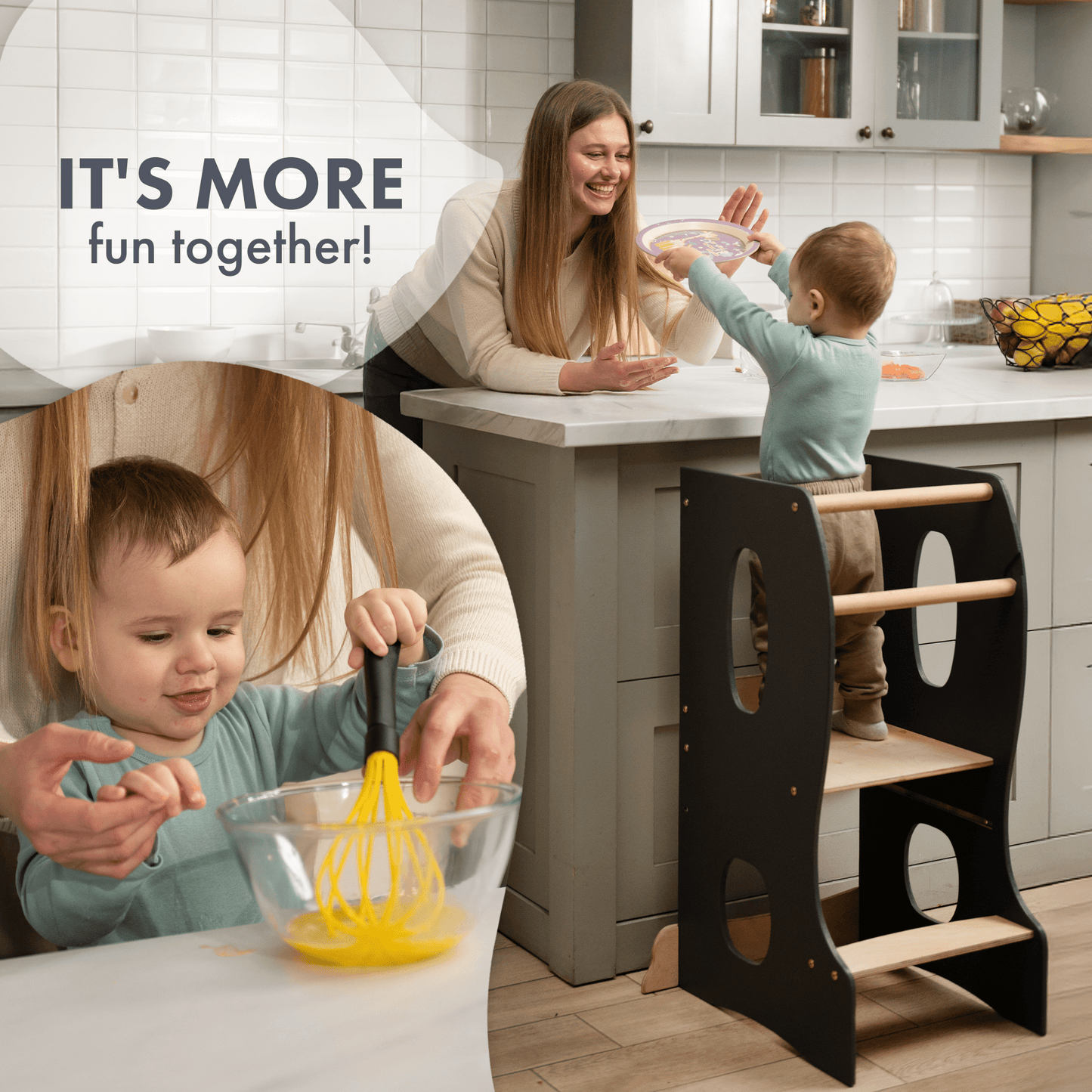 Stabiler Montessori Lernturm: Mitwachsender Kinderstuhl aus Holz – Grau - BesonderesHoch2